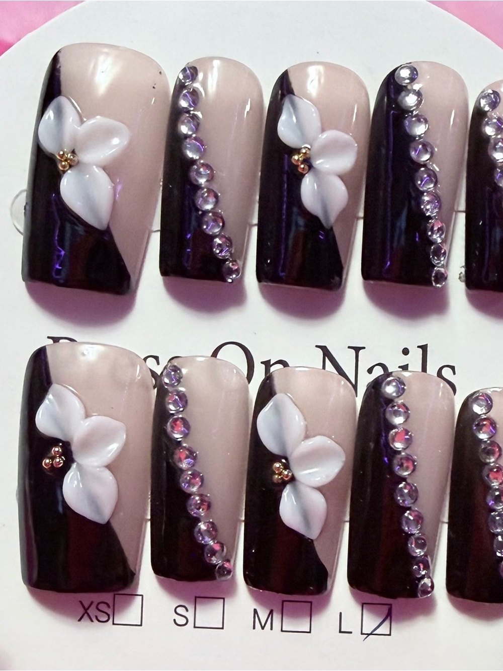 Elegant Two-Tone Nude & Black Press-On Nails with White Floral Accents